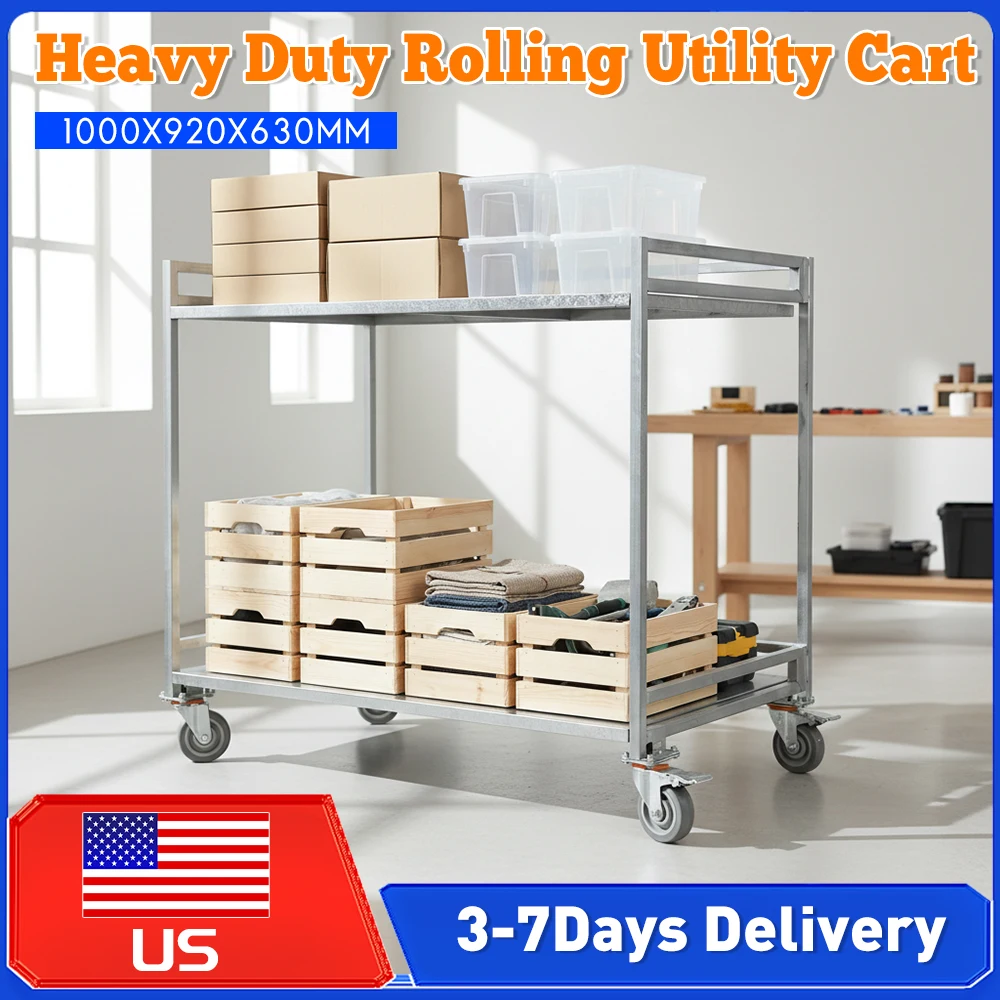 

Двухуровневая стальная тележка на колесах, складная тележка-верстак с ручкой, грузоподъемность 660 фунтов, для склада, гаража, уборки, промышленного использования ﻿