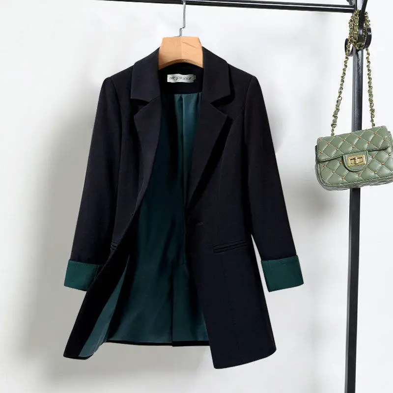 Blazer feminino coreano chique fino, terno preto, manga comprida, roupas de senhora do escritório, tops de jaqueta, primavera, outono