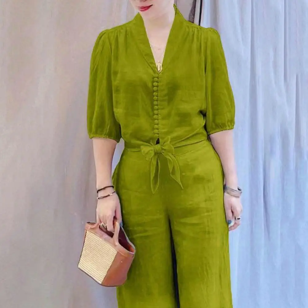

Breathable Loose Fit Outfit Women's Lace-up Knot V Neck Top Wide Leg Pants Set with High Waist Pockets Soft for Ladies