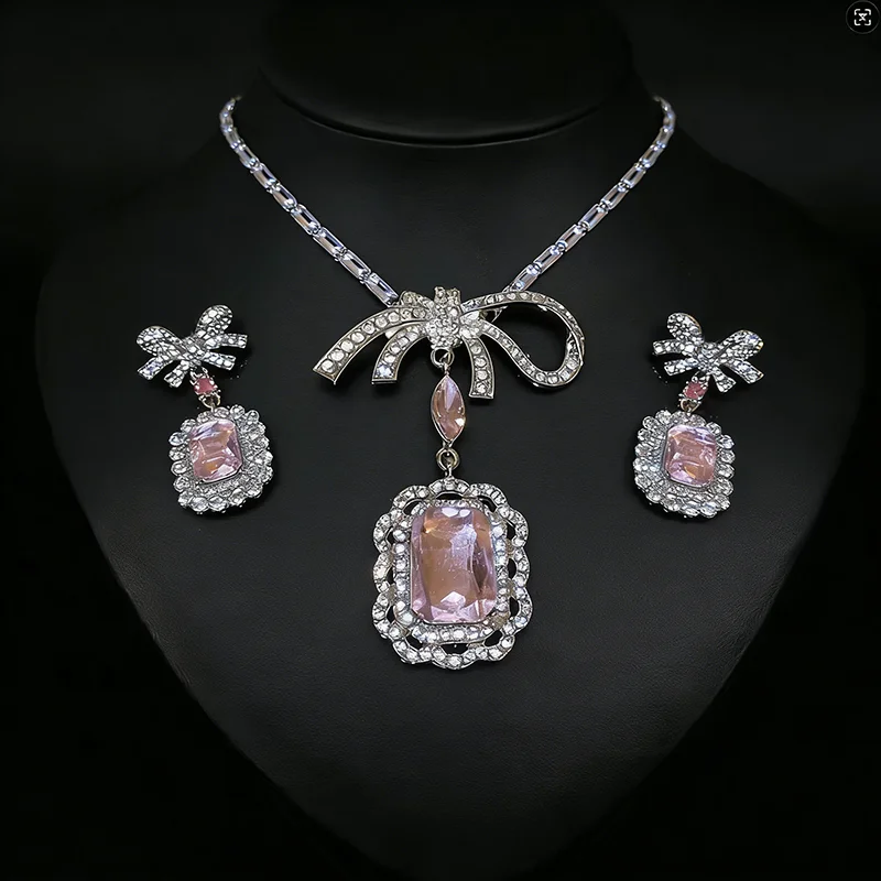 Juego de 1/2 Piezas de Collares con Colgante de Cristal y Lazo, Pendientes de Cristal Rosa Dulce para Novia, Joyería para Fiesta de Princesas y Bodas A1