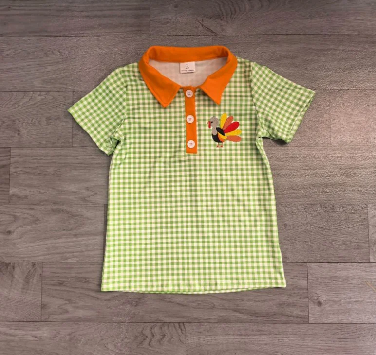 Wholesale Children Boys Thanksgiving Plaid Shirt Embroidery turkey Kids Baby Boy Shirt Toddler Pullover Fall Clothes