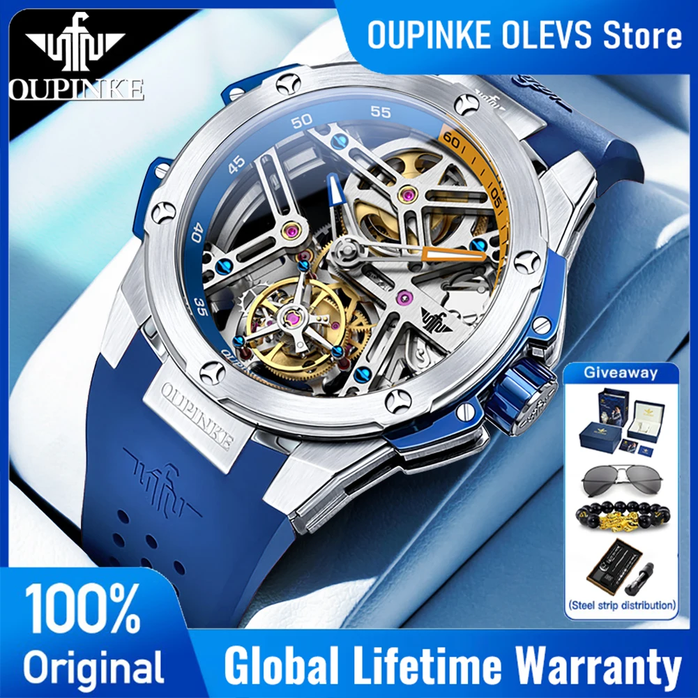 OUPINKE 8003 Mens Watch Luxury Skeleton Fully Automatic Mechanical Watch 50M Waterproof Silicone Strap Sports Watch Gift Box