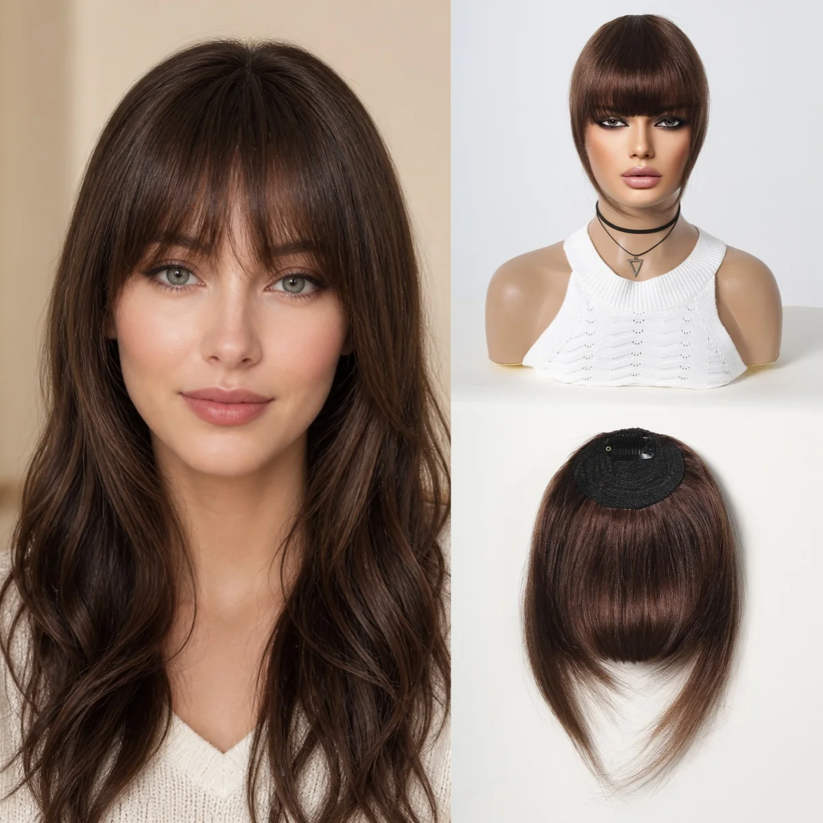 100% Human Hair Clip-In Wispy Bangs with Face-Framing Side Pieces Natural-Looking Fringe Hair Extension for Women