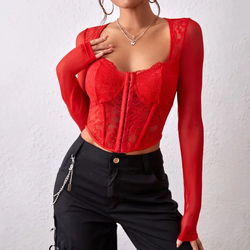 Lace Mesh Patchwork See Through Slim Fit Corset Crop Top Square Neck Long Sleeve Slim Skinny Corset Tops Solid Lace Patchwork