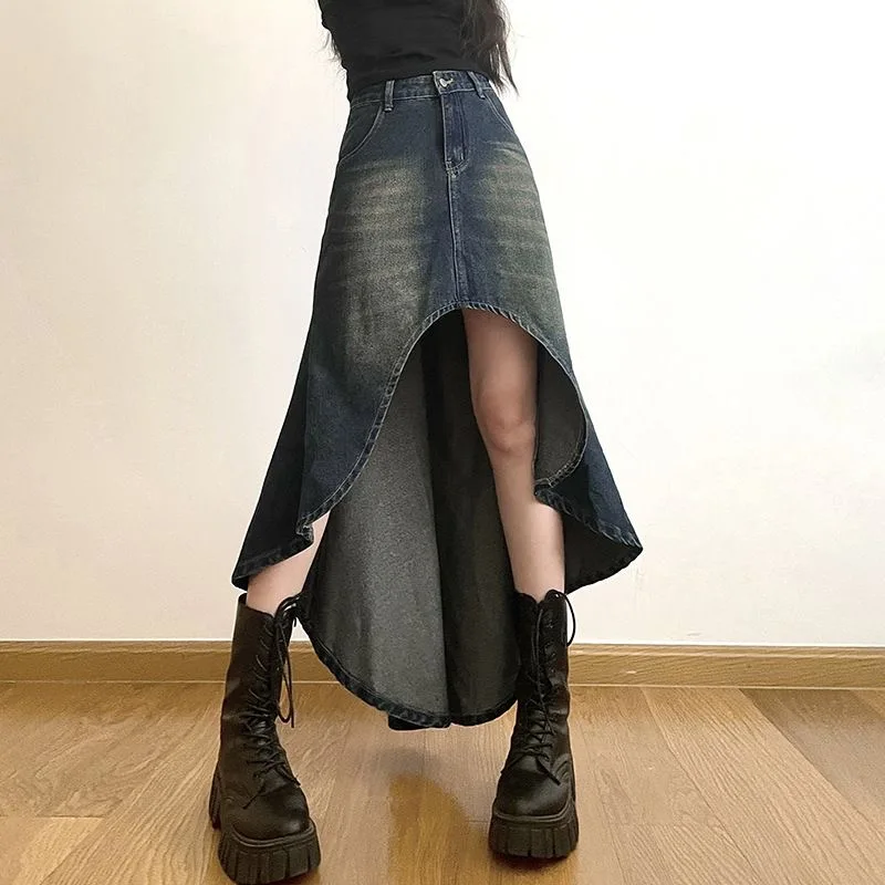 High Waist Vintage Irregular Women\'s Long Skirt Denim 2024 Summer Streetwear Retro Long Front Short Back Jeans Skirt Lady