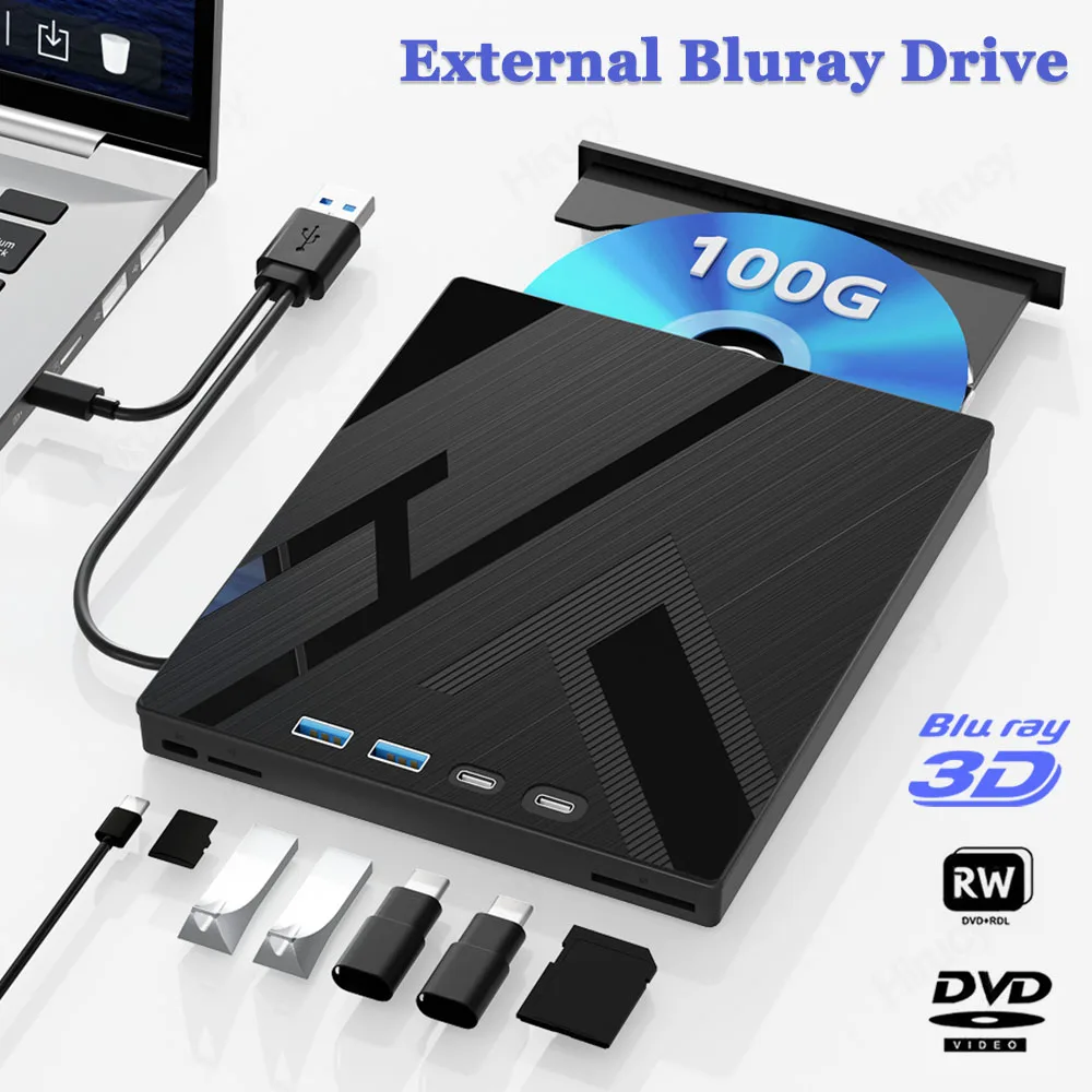 

USB 3.0 Type-C External Blu-ray Optical Drive for Laptop PC Portable BD DVD CD -/+RW Player Burner Reader with SD/TF Card Slot
