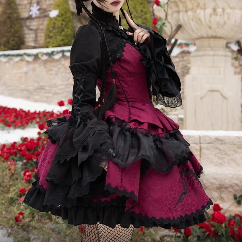 Original escuro gótico jsk mini vestidos sem mangas pescoço quadrado renda bordado em camadas cintura alta fofo lolita vestido curto feminino