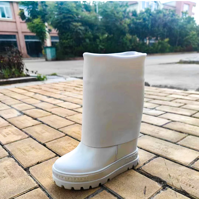 Fashion White Thick platform Height Increased Mid-Calf Boots Women Cow leather Inner Hidden Wedge foldover Slip on Knee Botas