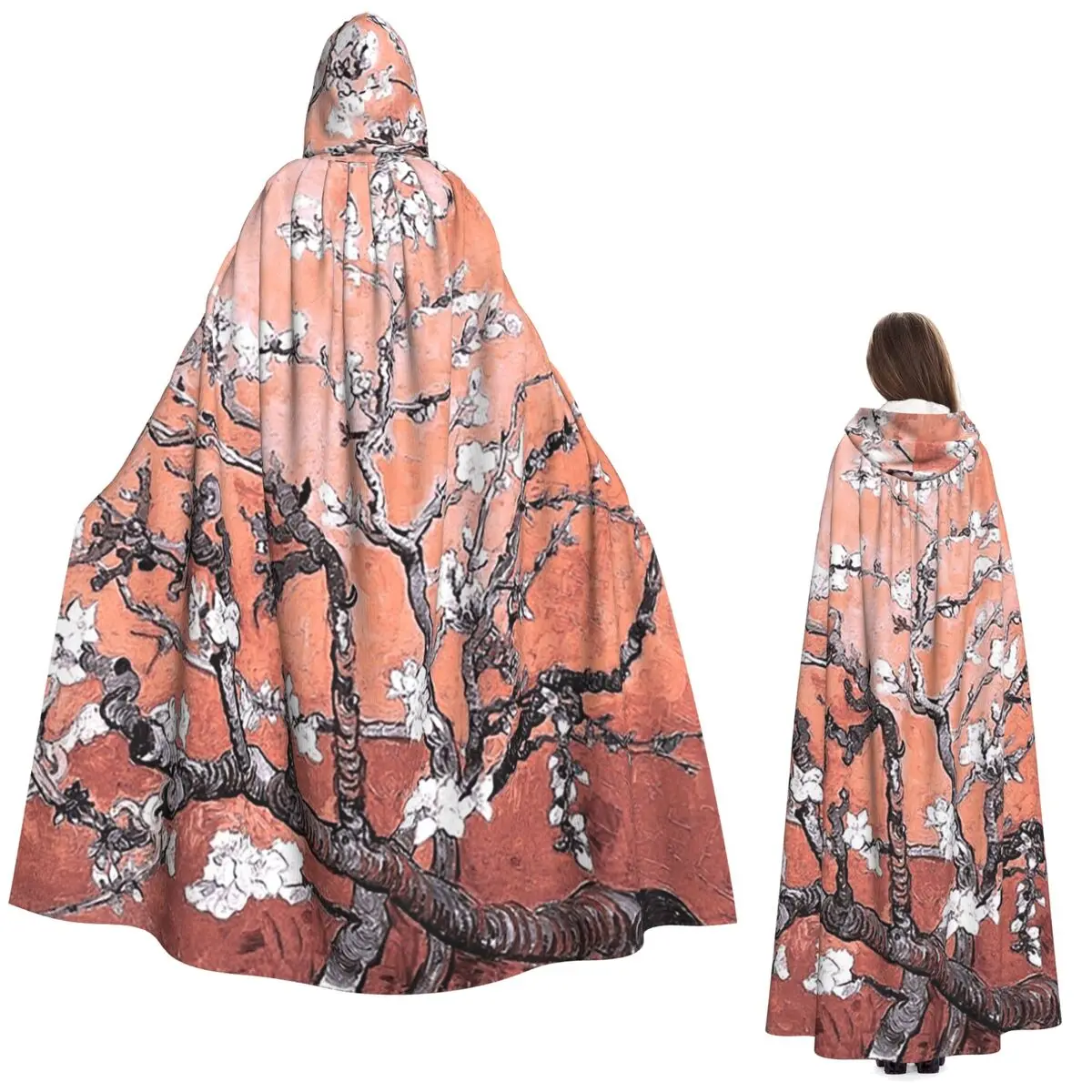 

Vincent Van Gogh Almond Blossoms Deep Peach Long Hooded Cloak Witch Medieval Costume Cosplay Cape HalloweenParty Adult Unisex