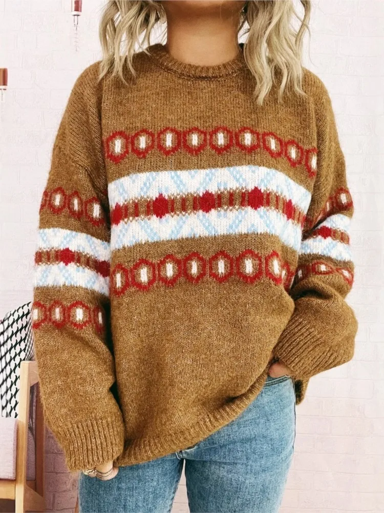 

Женский повседневный свитер с длинными рукавами для путешествий, осенне-зимний литературный ретро-стиль, жаккардовый вязаный пуловер в ромбовидной клетку, топ