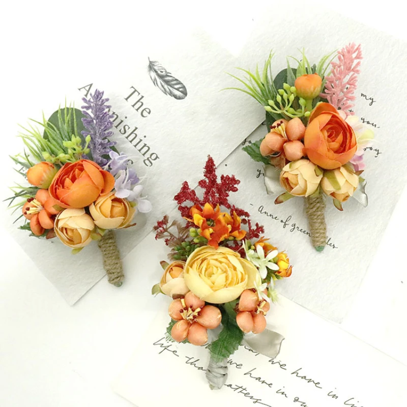 

Orange Pink Wedding Corsages Groom Boutonniere Silk Rose Man Brooches Wedding Bridesmaids Wrist Corsage Bracelet Flower