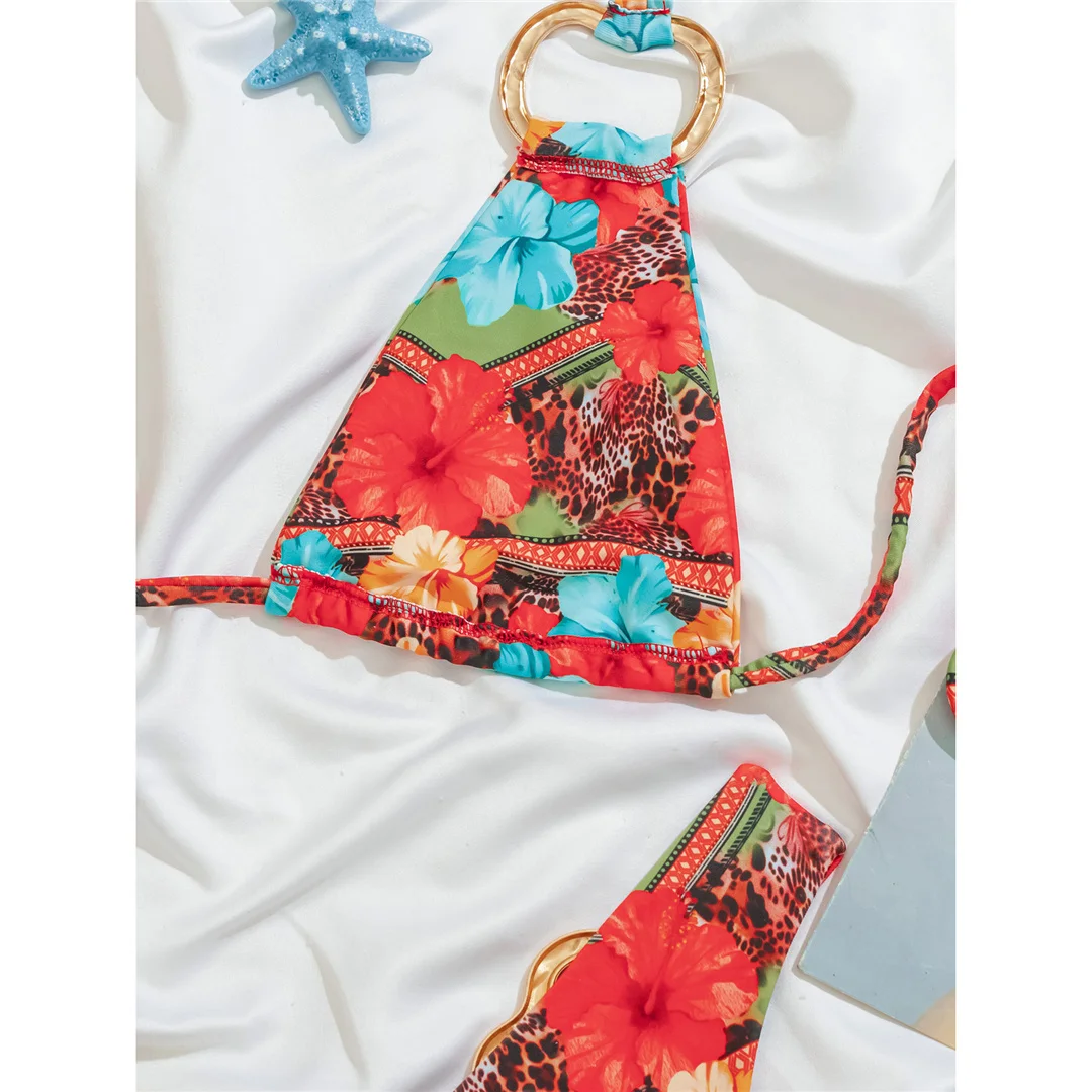 Mit Sarong-Blumenmuster, Neckholder-Bikini, Damen-Badeanzug, dreiteiliges Bikini-Set, Badebekleidung, Badeanzug, Schwimmanzug V7786 – Detail 9