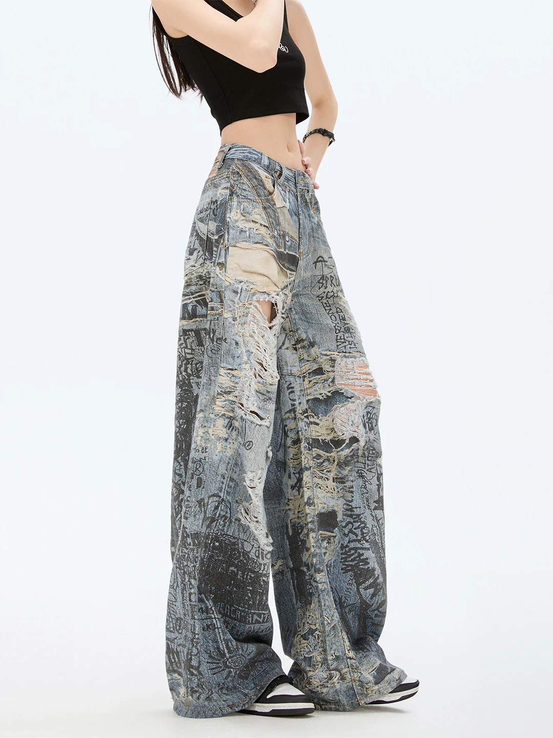 Jeans a gamba larga a vita alta Jeans estivi da donna con vestibilità ampia e slim in denim dritto High Street Sle Casual con motivo a buco strappato