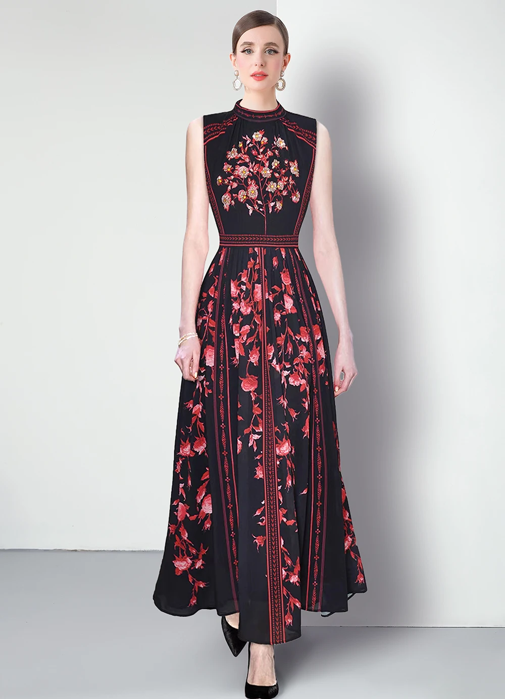 ضرب فساتين الطباعة الملونة للنساء جولة الرقبة أكمام عالية الخصر فستان طويل ماكسي الإناث الصيف أزياء نمط جديد