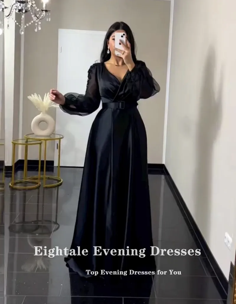 Eightale Black Evening Dresses Customized V-Neck Long Sleeves Satin A-Line Prom Gown Wedding Party Dress Ballkleider Robe Soirée