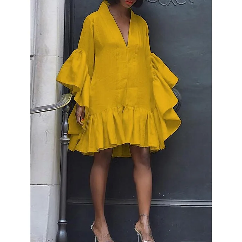 Tilaa 3 ألوان مضيئة كم فساتين عيد ميلاد صغيرة للنساء 2025 فضفاض ألف خط الخامس الرقبة الكشكشة فستان قصير للحفلات الإناث 184950