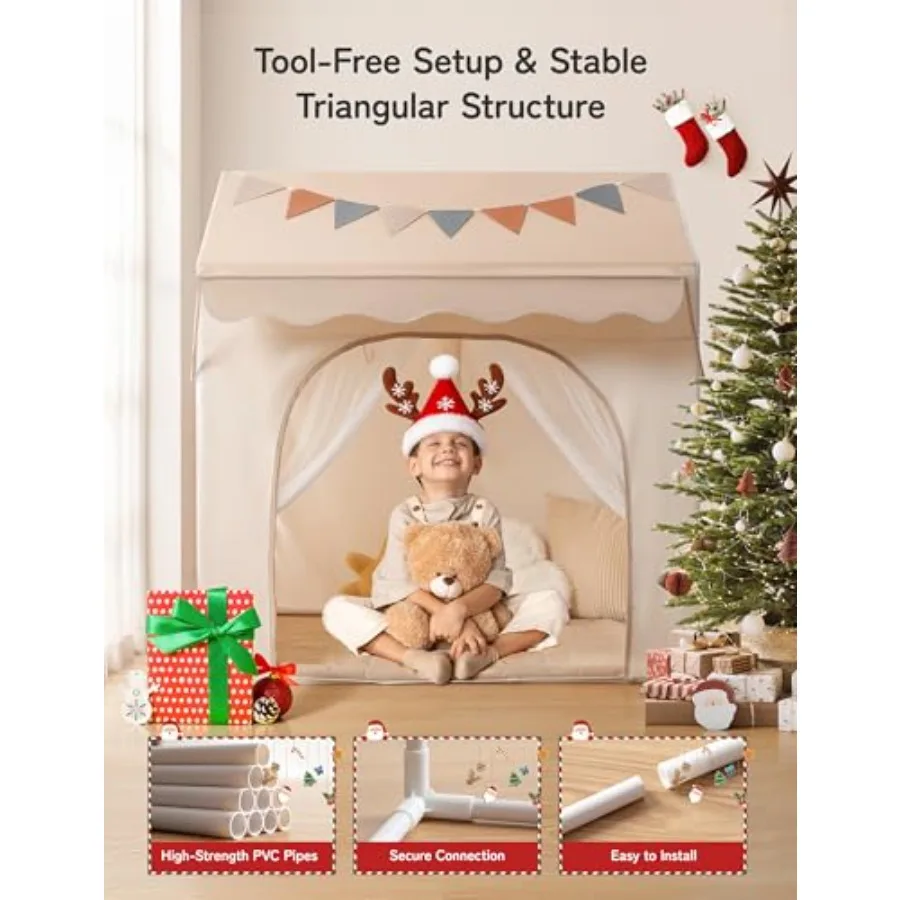 ベスレイ プレイテント エーブ付き幼児用テント 2 in 1 パッド入りマットとライト付き 大型プレイハウス 2つのドアと2つの窓付き 室内/屋外用