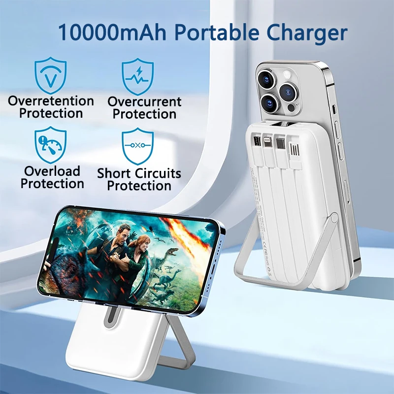 Power Bank 10000mAh Fast Charging Portable Battery, with Stand and 4 Cables Wireless Magnetic Charger for iPhone 14/13/Pro/Mini