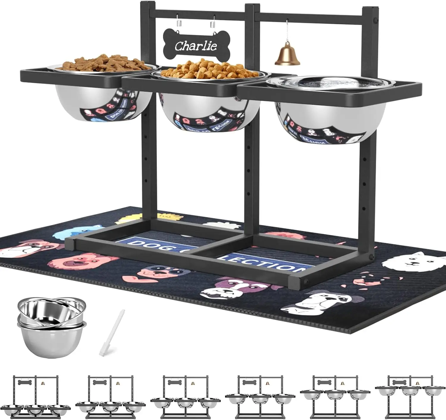 

Adjustable Elevated Dog Bowl Stand with Mat for Medium/Large Dogs, 6 Heights, 3 Stainless Steel Bowls