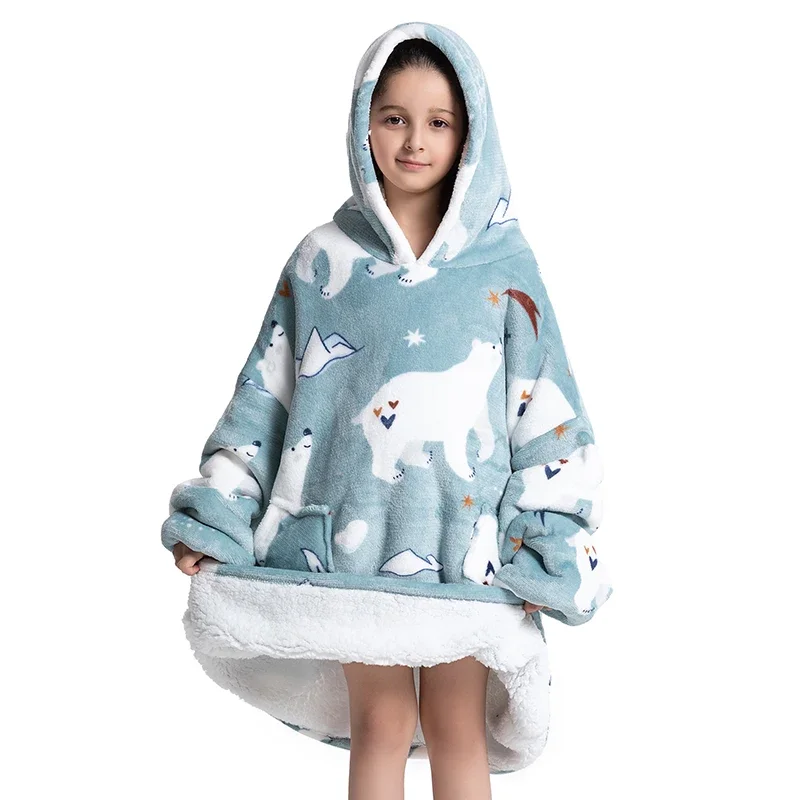 Oversized Wearale Blanket Hoodie Flannel Sherpa Fleece Warm Soft Winter Hoodie Sweatshirt for Kids Adults Home Blanket Snuggle