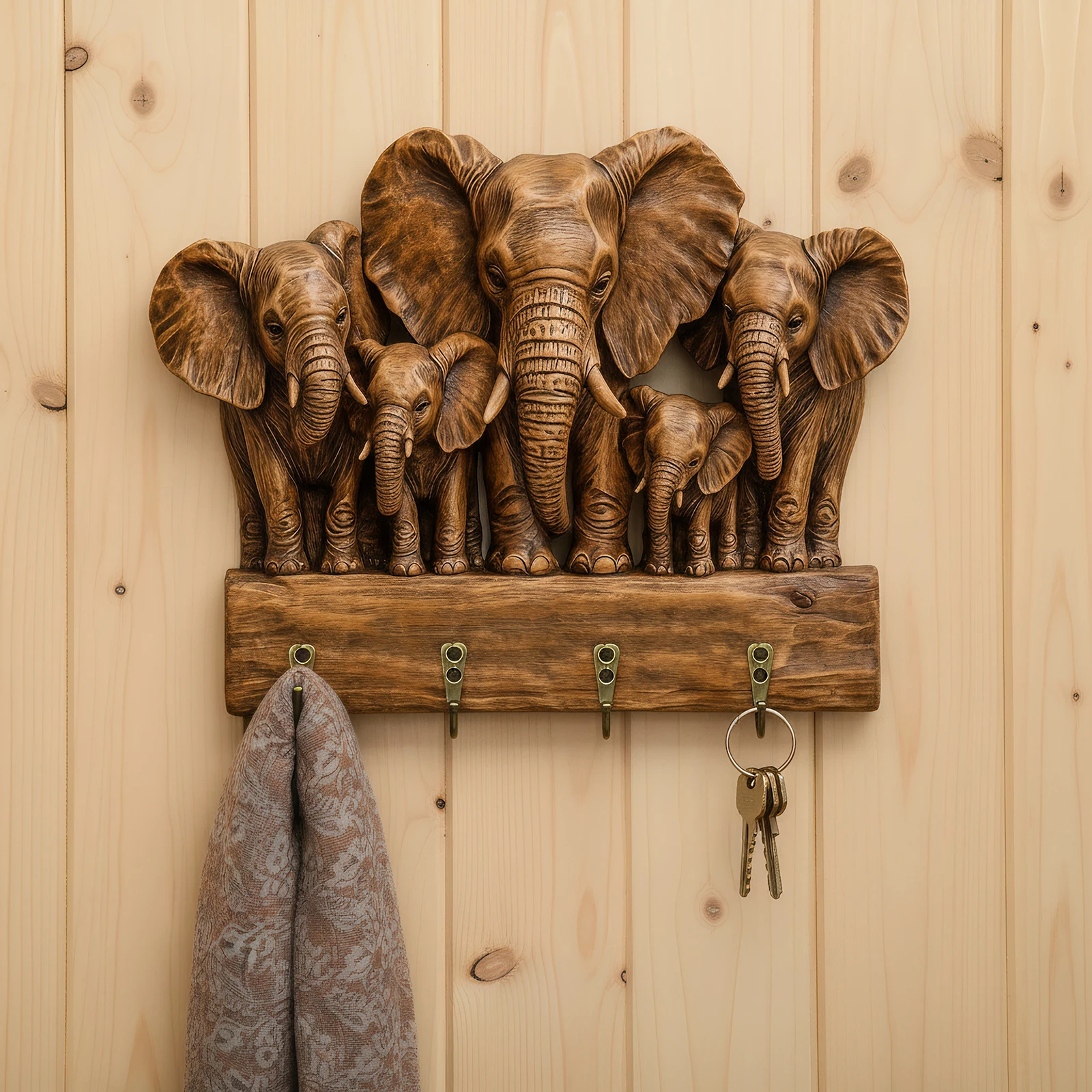 2D Flat Rustic Animal Wooden Hanging Ornament with 4 Hooks Wall-Mounted Organizer Coat Hanger for Entryway Hallway Farmhouse