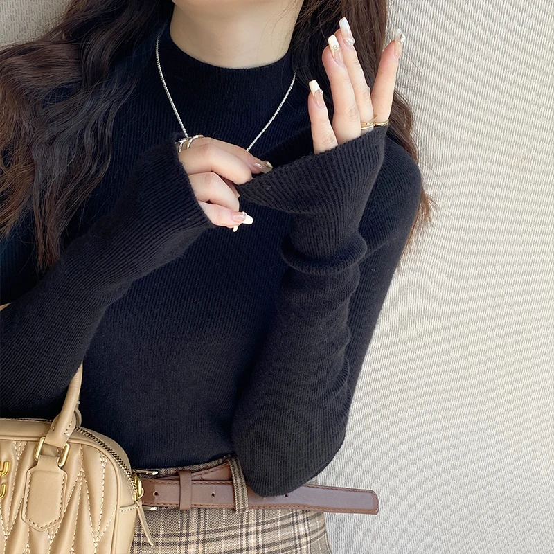 Hot Sale Women Sweater Autumn Mock Neck Vintage Basic Solid Knitted Tops Slim Pullover Korean Sweaters Long Sleeve Clothes 90s