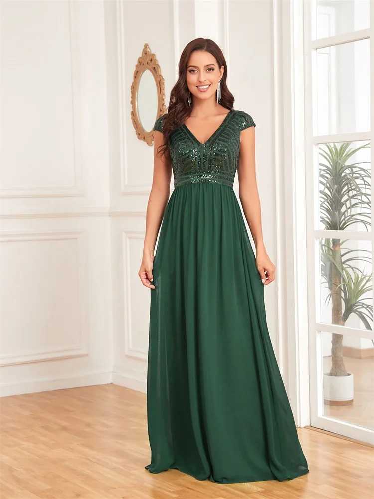 Lucyinlove Elegant Sequins Sleeveless Evening Dress Women 2024 V Neck Green Wedding Party Graduation Prom Chiffon Cocktail Gowns