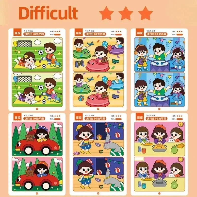 64 pagina's Zoek het verschil Puzzelspel Uitwisbare en herschrijfbare focus en observatietraining Hersenontwikkeling