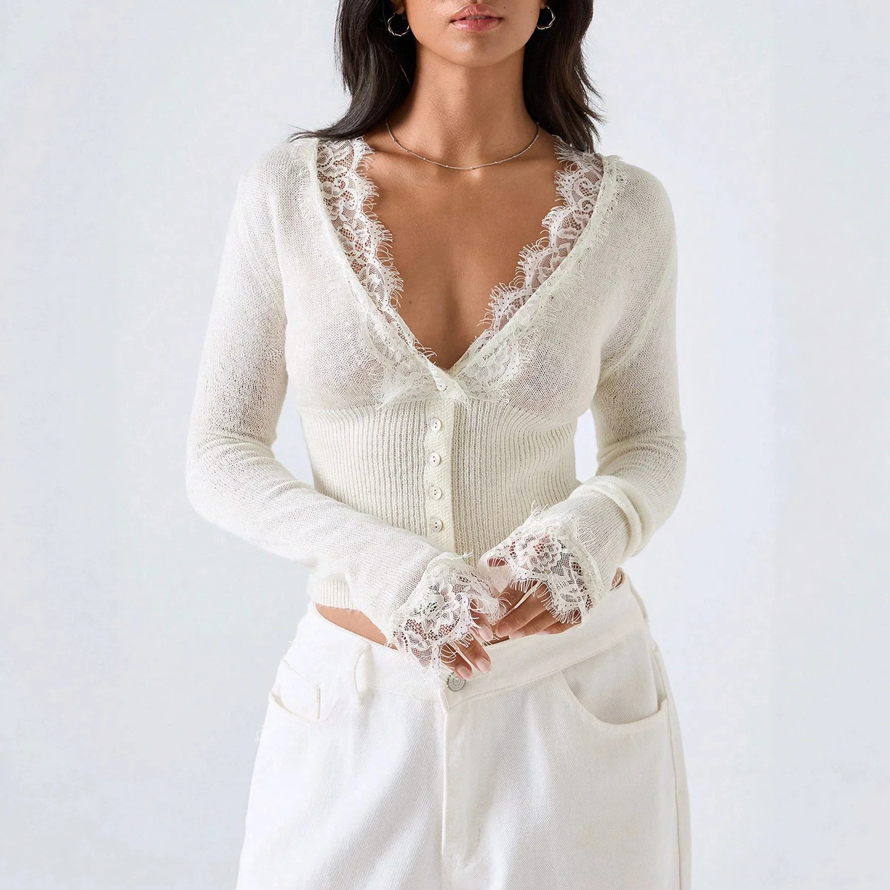 2026 Autumn. New Women's V-neck Erotogenic Lace Three Button-front Slim-fit Knit Long-sleeve T-shirt Prom Midi Boho