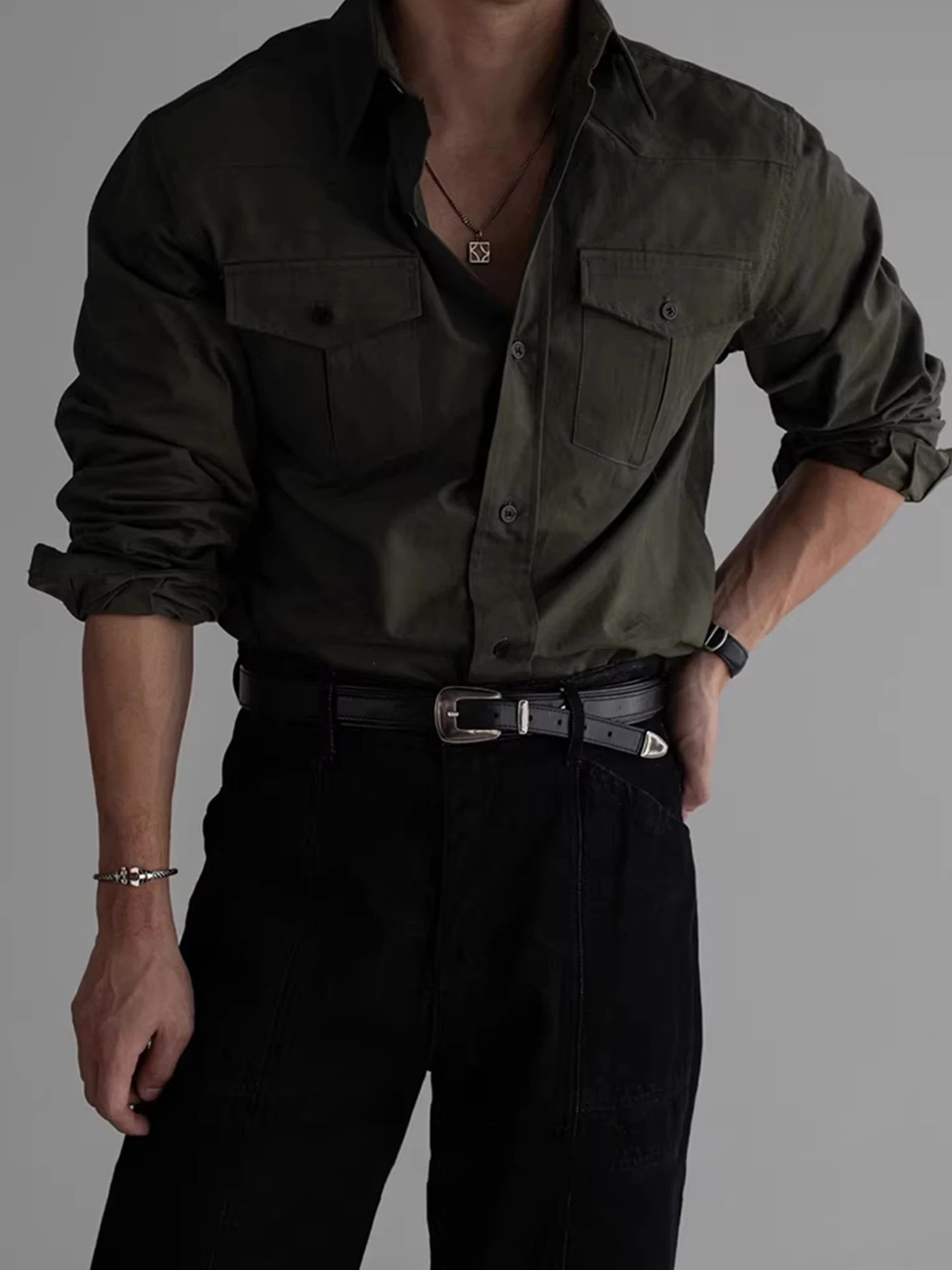 Hard Workwear Shirt Double Pocket Design Military Green Jacket Men's Spring Autumn New Style Casual Loose Fit Long Sleeve