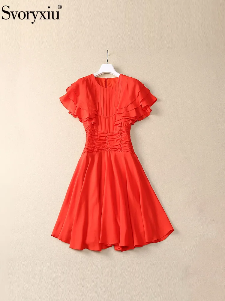 Svoryxiu Fashion Runway Summer Party Orange Knee Length Dress Women's O-Neck Pleated Flounces Sleeve High Waist A-Line Dress