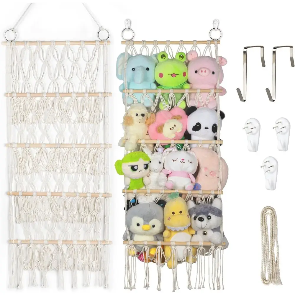 

42cm Wide Over the Door Stuffed Animal Storage Hammock Corner Wall Hanging Storage Holder Boho Macrame Plush Toy Organizer Net f