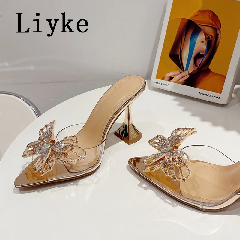 Liyke PVC Transparent Slippers For Women Fashion Rhinestone Bowknot Summer Sandals Pointed Toe Clear High Heels Party Prom Shoes