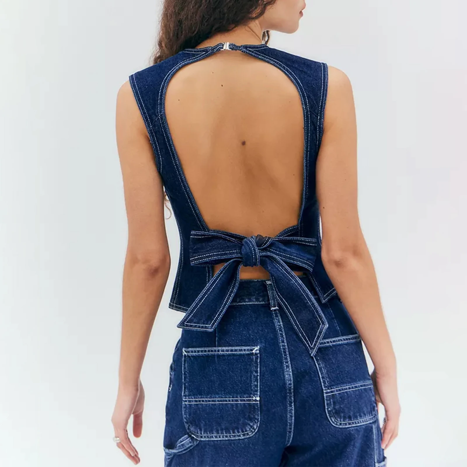 hirigin Chic Womens Open Back Denim Vest Top Fashion High Neck Countryside Sleeveless Jean Tops Summer Going Out Tank Top