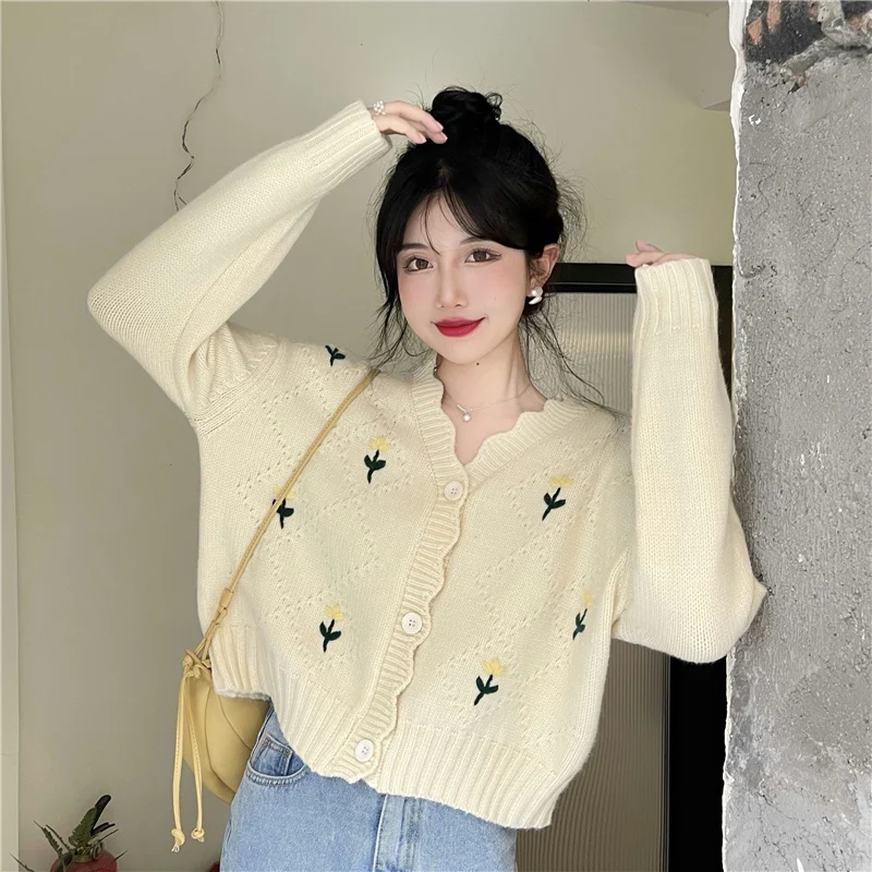 OCEANLOVE Short Cardigans Sweet Embroidered Floral Japan Style Women Sweaters Kawaii V Neck Green Autumn Winter Chaquetas