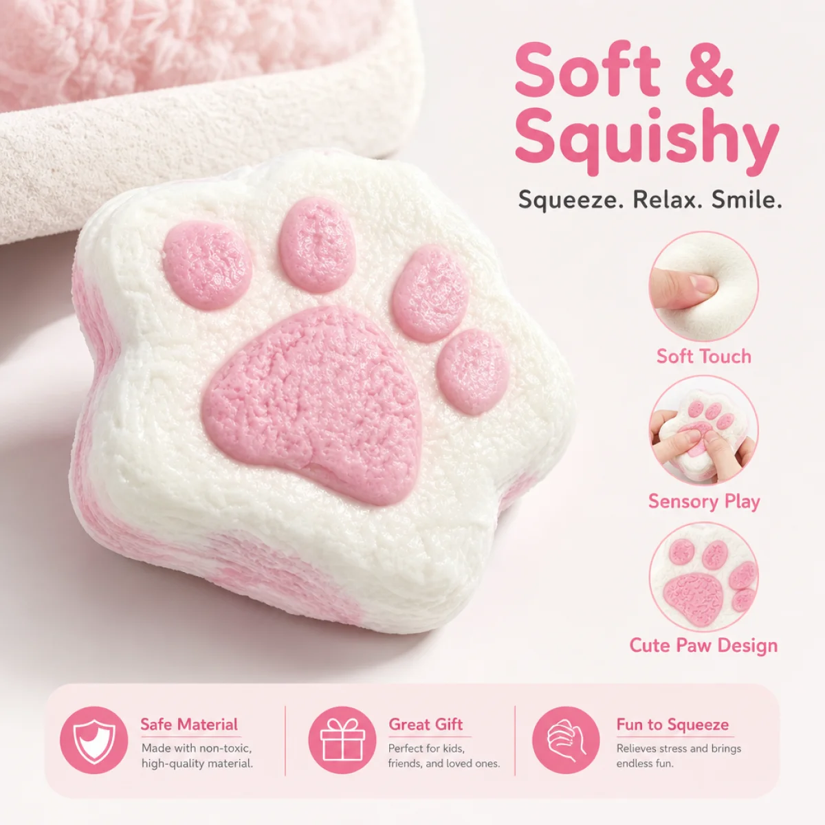 Food Safe Cute Kitten Paw Squishy Toy Two Tone White And Pink Textured Surface Slow Rising Soft Hand Squeeze Toy For Children