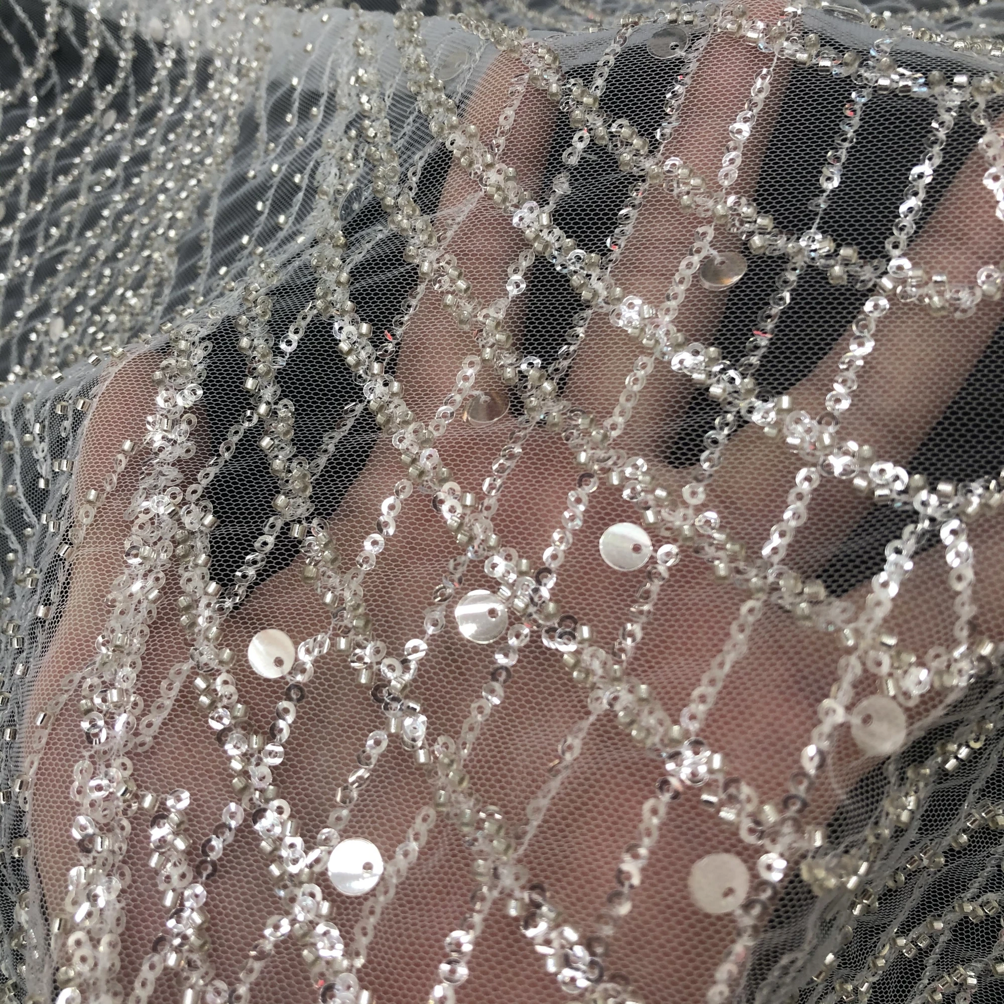 Simple Pattern High Quality Silver Sequin Beads Embroidery Wedding Evening Dress Lace Fabric
