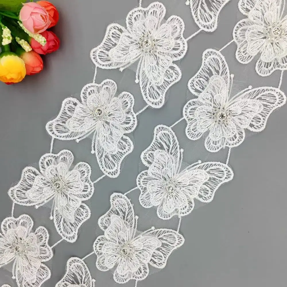

10Pcs White 3D Diamond Butterfly Embroidered Lace Trim Ribbon Double Layered Applique Handmade Wedding Dress DIY Sewing Craft