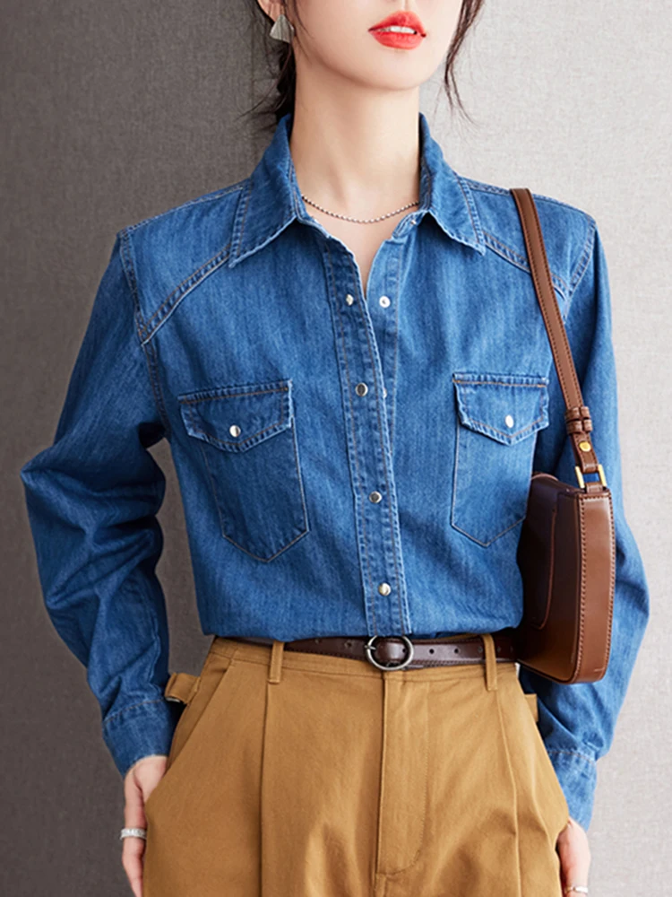 

French Retro Blue Denim Shirt Autumn Turn Down Collar Long Sleeve Denim Jacket Single-Breasted Ladies Outerwear