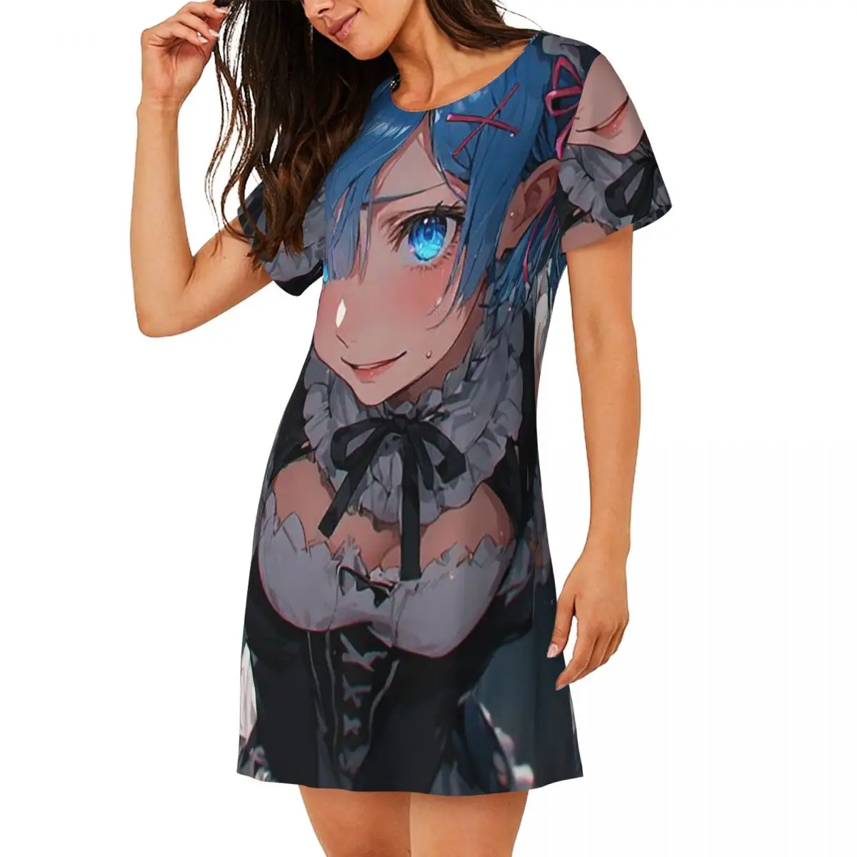 Custom Sexy Cute Rem Anime Short Sleeves Nightdress For Sleeping Sleepshirts Women Short Sleeve Nightgowns Loose Pajama Dress