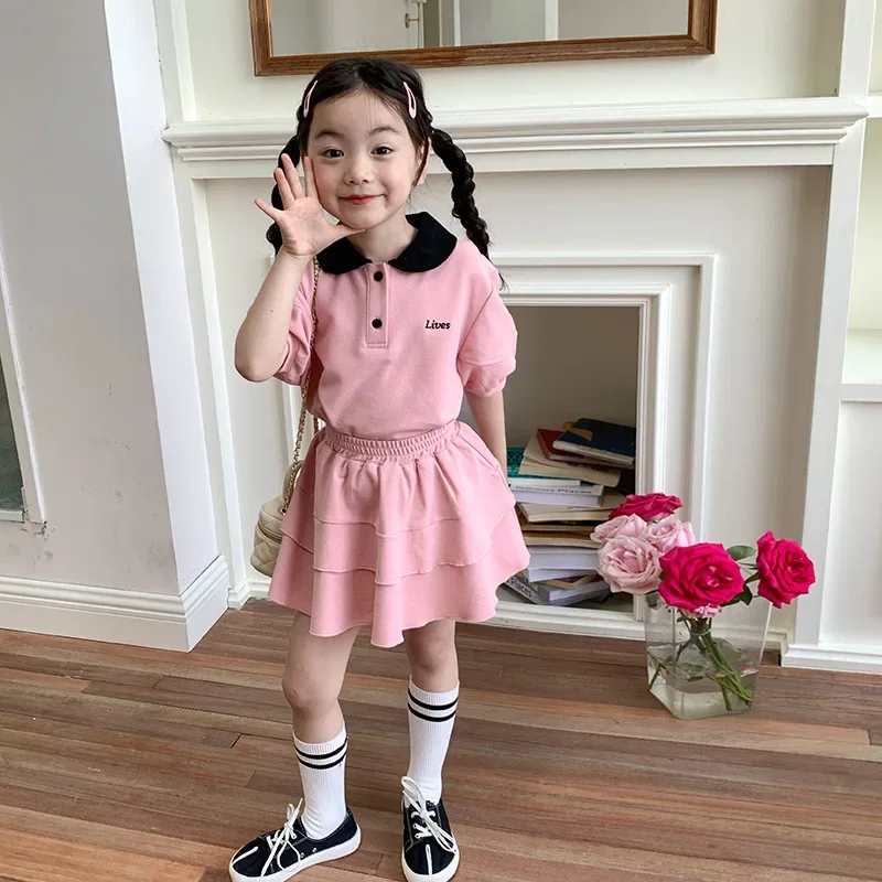 Summer Korean 2024 Children Girl 2PCS Clothes Set Peter Pan Collar Short Sleeve T Shirt Elastic Cake Skirt Suit Kid Girl Outfits