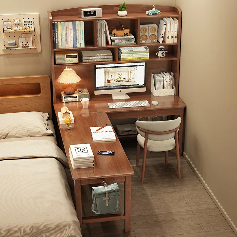 

Solid wood corner desk L-shaped corner desktop computer Bedroom study table Household with bookshelf integrated
