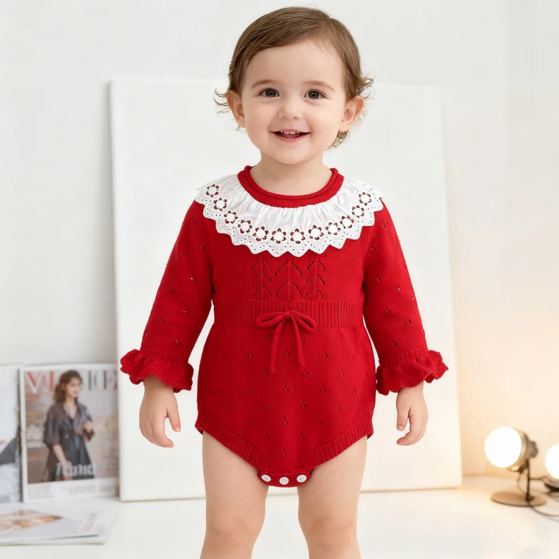 

Christmas Baby Girl Stockinette Jumpsuits Neonate Autumn Baby Round Neck Onesie garment Bow Knitted Overalls Autumn Cute Sweater