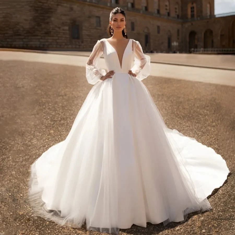 Graceful Simple Wedding Dresses 2024 Long Puff Sleeves Bridal Gowns A-Line V-Neck Tulle Robes For Brides Vestidos De Novia 2024