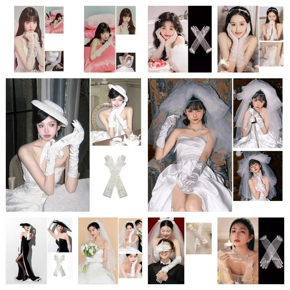 Белые атласные длинные перчатки в стиле ретро, винтажные милые свадебные перчатки, кружевные эластичные варежки с длинными пальцами, аксессуары для платья