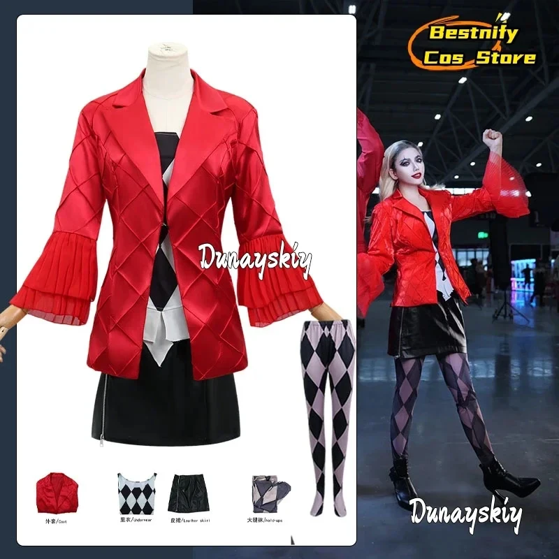 

ABC123CosplayAnime Lady Jocer Clown Gaga Cosplay Costume Red Black Jacket And Skirt Women Set Halloween Party Di3'd,5;h.9/