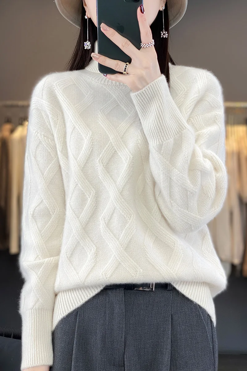 Autumn and winter new 100% pure wool high lapel loose pullover solid color Fried Dough Twists design fashion knitting sweater to