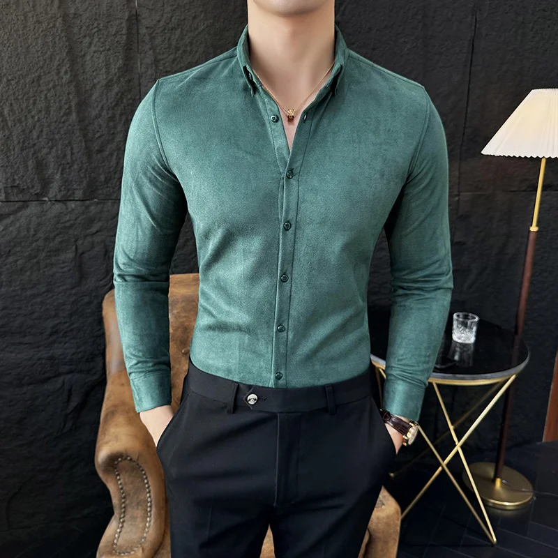 High Quality Suede Shirt for Men Solid Color Long Sleeve Casual Shirts Korean Fashion Slim Fit Business Social Dress Shirt 2023