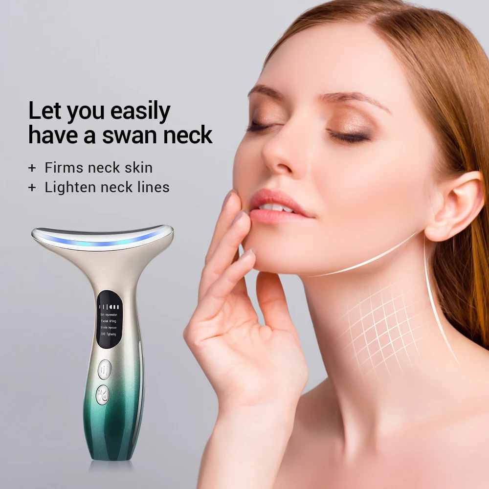 Neck Face Beauty Device EMS 3 Colors LED Photon Therapy Skin Tighten Reduce Double Chin Anti Wrinkle Massager Face Lifting Tool