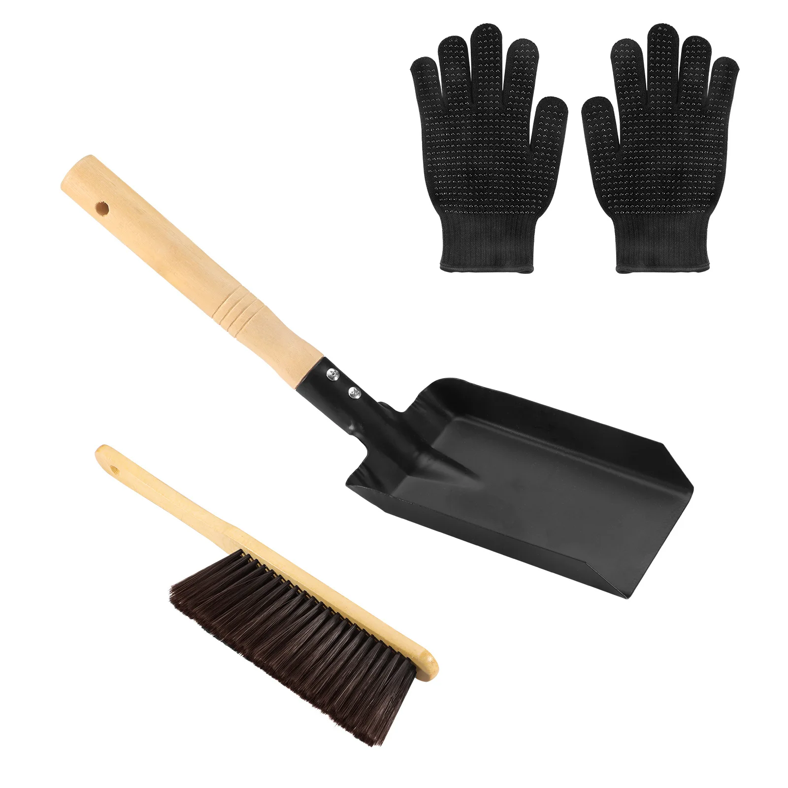 1set Fireplace Cleaning Tools Handle Brush and Shovel Silicone Gloves for Ash and Removal for Indoor and Outdoor Use